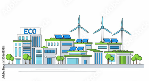 Sustainable Urban Development with Renewable Energy Sources in Eco-Friendly City Architecture, Solar Panels, and Wind Turbines
