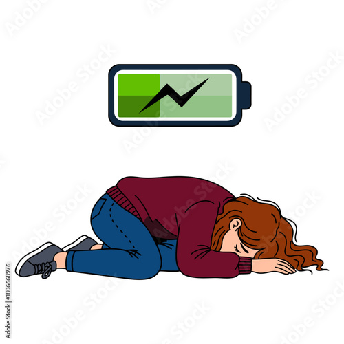 Exhausted girl lying on the floor with a low-battery warning symbol above her representing tiredness, weakness, and zero energy. Flat vector illustration