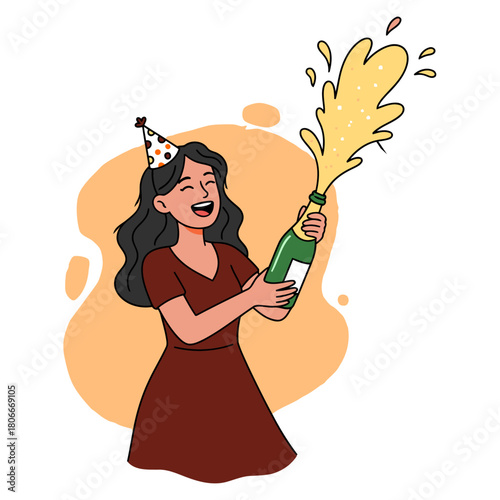 Girl holding a champagne bottle in her hand and celebrating with sparkling bubbles flying out, showing joy, excitement, party mood, and festive energy. Flat vector illustration