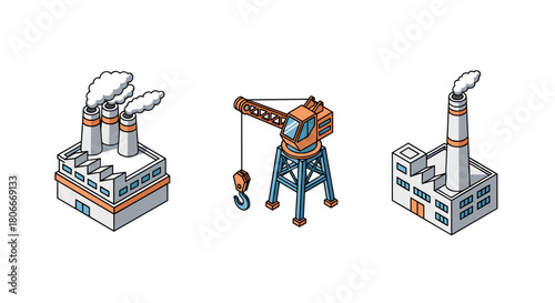 Isometric industrial buildings and crane with smoke stacks and hook
