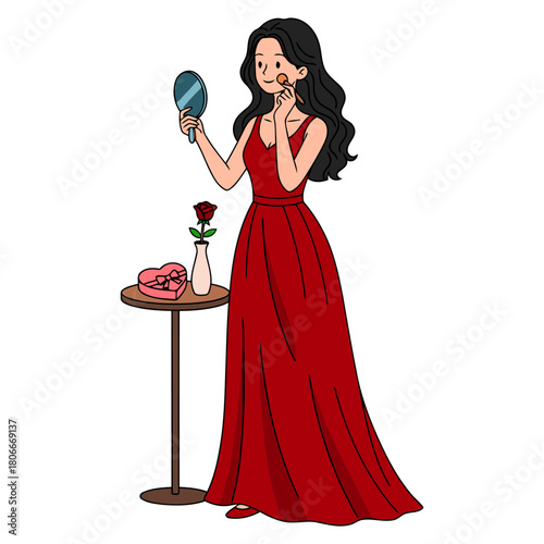 Elegant girl in a long red dress holding a mirror and applying makeup beside a small table with a rose and a heart-shaped gift box, showing beauty, grace, and preparation. Flat vector illustration