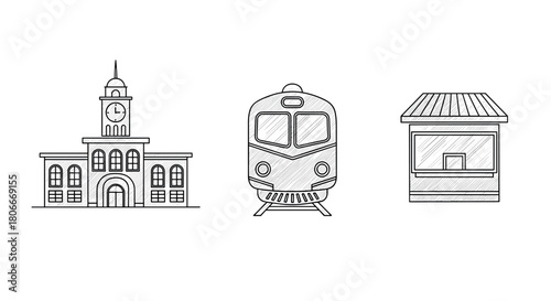 Linear drawing of train station with clock tower and ticket booth