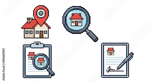 Real estate pixel art with magnifying glass, home icon, and contract elements