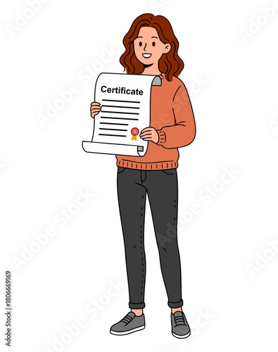 Confident girl smiling while holding a certificate in her hand, showing success, achievement, recognition, and proud accomplishment moment. Flat vector illustration