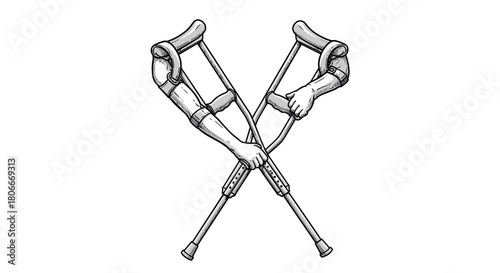Detailed sketch of orthopedic crutches with hands in a crossed position