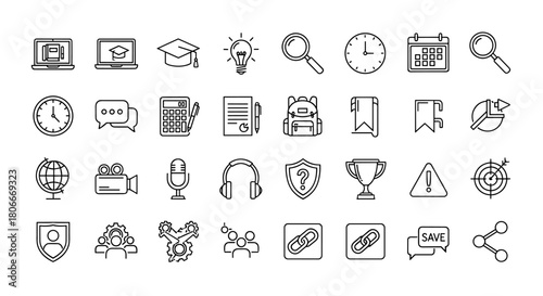 Collection of Modern Flat Icons for Education Technology and Business Concepts Vector Art