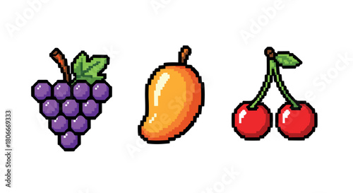 Pixel art fruits: grapes, mango, and cherries on white background