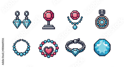 Colorful pixel art gemstones and jewelry icons on white background