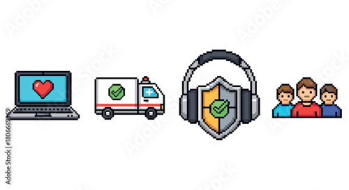 Pixel art technology and healthcare icons featuring laptop, ambulance, security, and teamwork