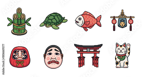 Pixel art icons of japanese culture: symbols of tradition and fortune