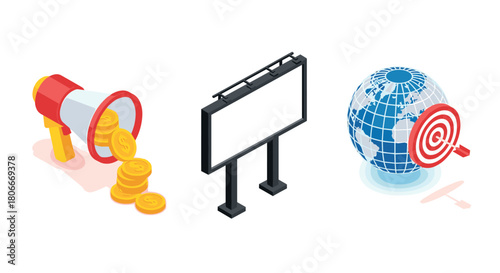 Global marketing concepts with megaphone, billboard, and globe target in isometric style
