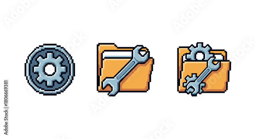 Pixel art gear and wrench icons for configuration and settings