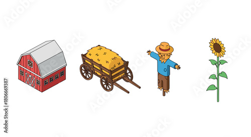 Isometric farm set: barn, hay wagon, scarecrow, sunflower for rural design projects