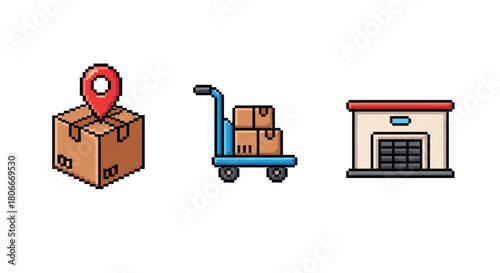 Pixel art icons of shipping box, trolley with packages, and warehouse building