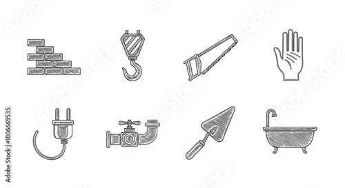 Hand-drawn construction and plumbing icons set for home renovation projects