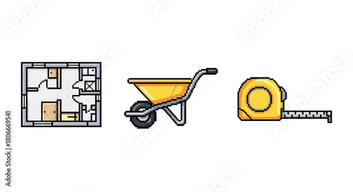 Pixel art tools: floor plan, wheelbarrow, and measuring tape icons