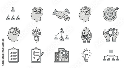 Linear icons depicting business, mindset and innovation concepts