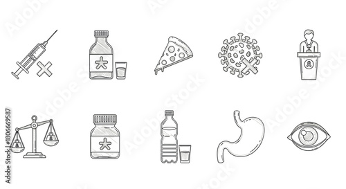 Hand-drawn medical and food icons: syringe, pizza, virus, doctor, scales, medicine, water, stomach, eye