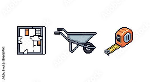 Pixel art tools and floor plan: wheelbarrow and tape measure icons