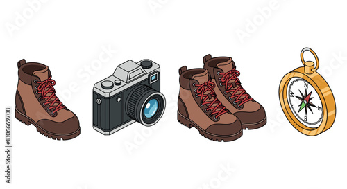 Outdoor adventure gear showcase with camera, boots, and compass in isometric design