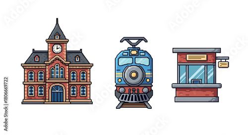 Charming pixel art train station with retro clock tower and ticket booth