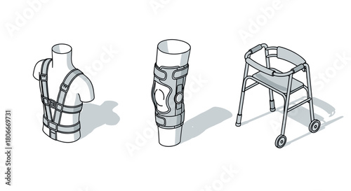 Medical equipment in isometric style featuring mobility walker and supportive braces