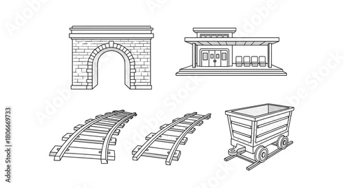 Vintage railway elements: tunnel, station, tracks, and mining cart in linear style