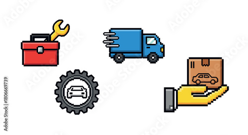Pixel art delivery icons: tool box, fast truck, gear, hand with box