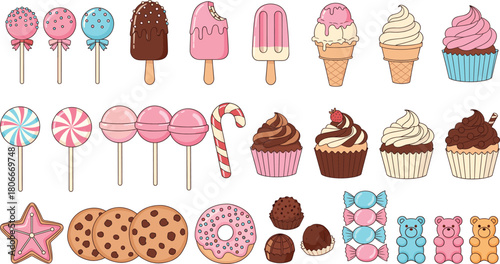 Colorful collection of cute candy, lollipops, ice cream, cupcakes, cookies, donuts, chocolate treats, and gummy bears in a playful vector illustration set.