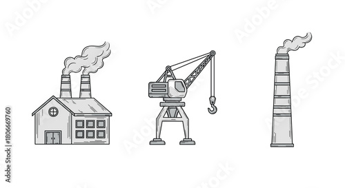 Industrial elements with factory, crane, and chimney in linear style