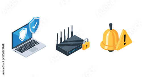 Isometric cybersecurity icons: laptop, router with lock, alert bell for digital protection