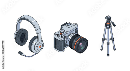 Isometric tech gadgets featuring camera, headphones, and tripod design
