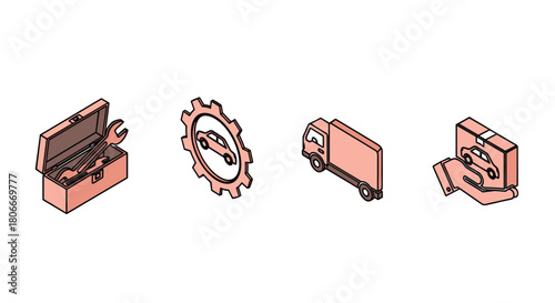 Isometric icons of car repair and delivery services in pastel tones