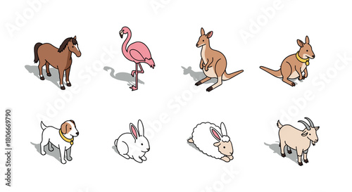 Isometric farm and exotic animals collection for children's education