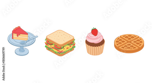 Isometric dessert and sandwich icons featuring cake, sandwich, cupcake, and waffle