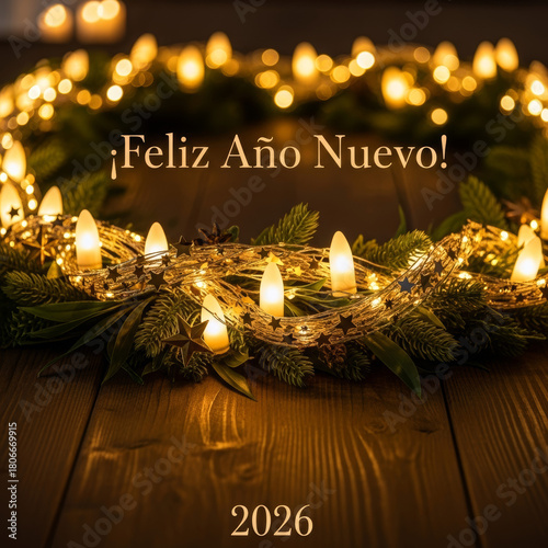 Carte de vœux Feliz Año Nuevo 2026 avec feux d’artifice colorés et ambiance festive nocturne

