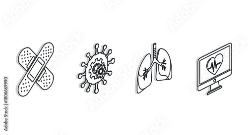 Medical icons featuring virus, lungs, bandage, and heart monitor in linear style