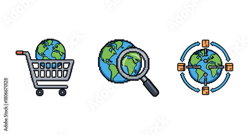 Pixel art icons of shopping, search, and navigation with earth theme