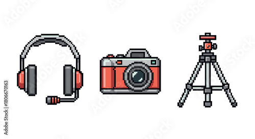 Retro pixel art of headset, camera, and tripod in classic style