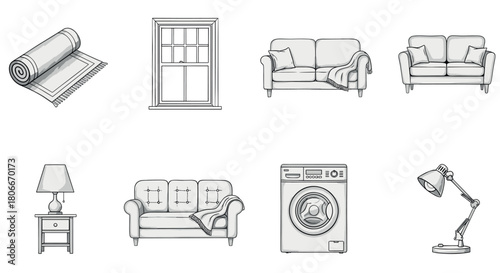 Hand-drawn home essentials: furniture, decor, and appliances collection