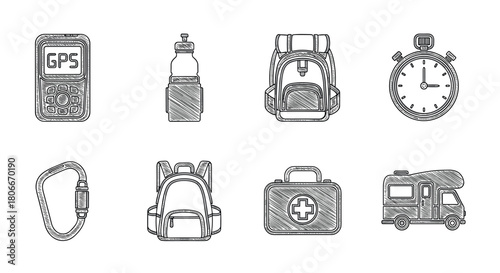 Hand-drawn camping essentials icons: gps, backpack, first aid kit, and more