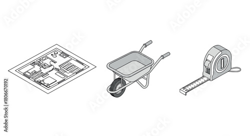 Isometric floor plan, wheelbarrow, and tape measure: essential construction tools
