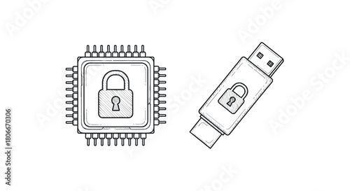 Monochrome sketch usb and cpu with security padlock symbols