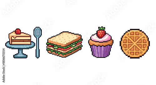 Pixel art food collection: cake, sandwich, cupcake, waffle