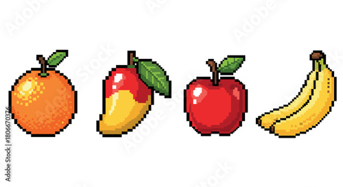 Colorful pixel art fruits collection featuring orange, mango, apple, and banana