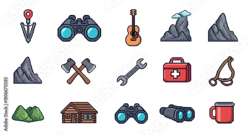 Pixel art outdoor adventure gear and nature icons collection