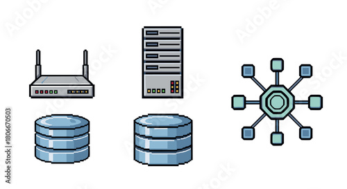 Pixel art network elements: router, server, database, and network hub