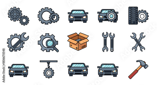 Colorful automotive icons set with tools and gears for repair and maintenance