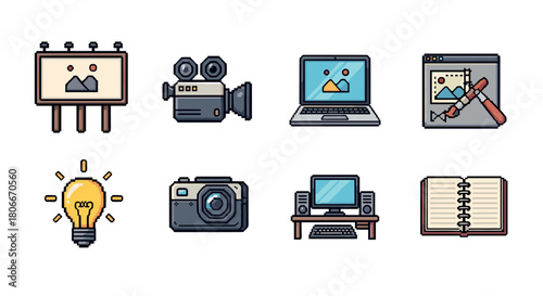 Pixel art technology icons: camera, computer, and creativity tools