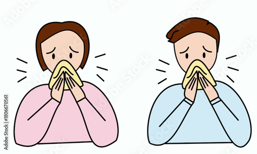 man and woman with cold minimalist color icons sneezing symptom with kerchief line icon coughing .eps